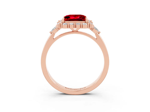 Rose gold Princess Cut Ruby Halo Ring with Pear Side Stones and Prong Setting_15