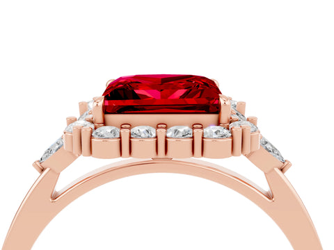 Rose gold Princess Cut Ruby Halo Ring with Pear Side Stones and Prong Setting_16