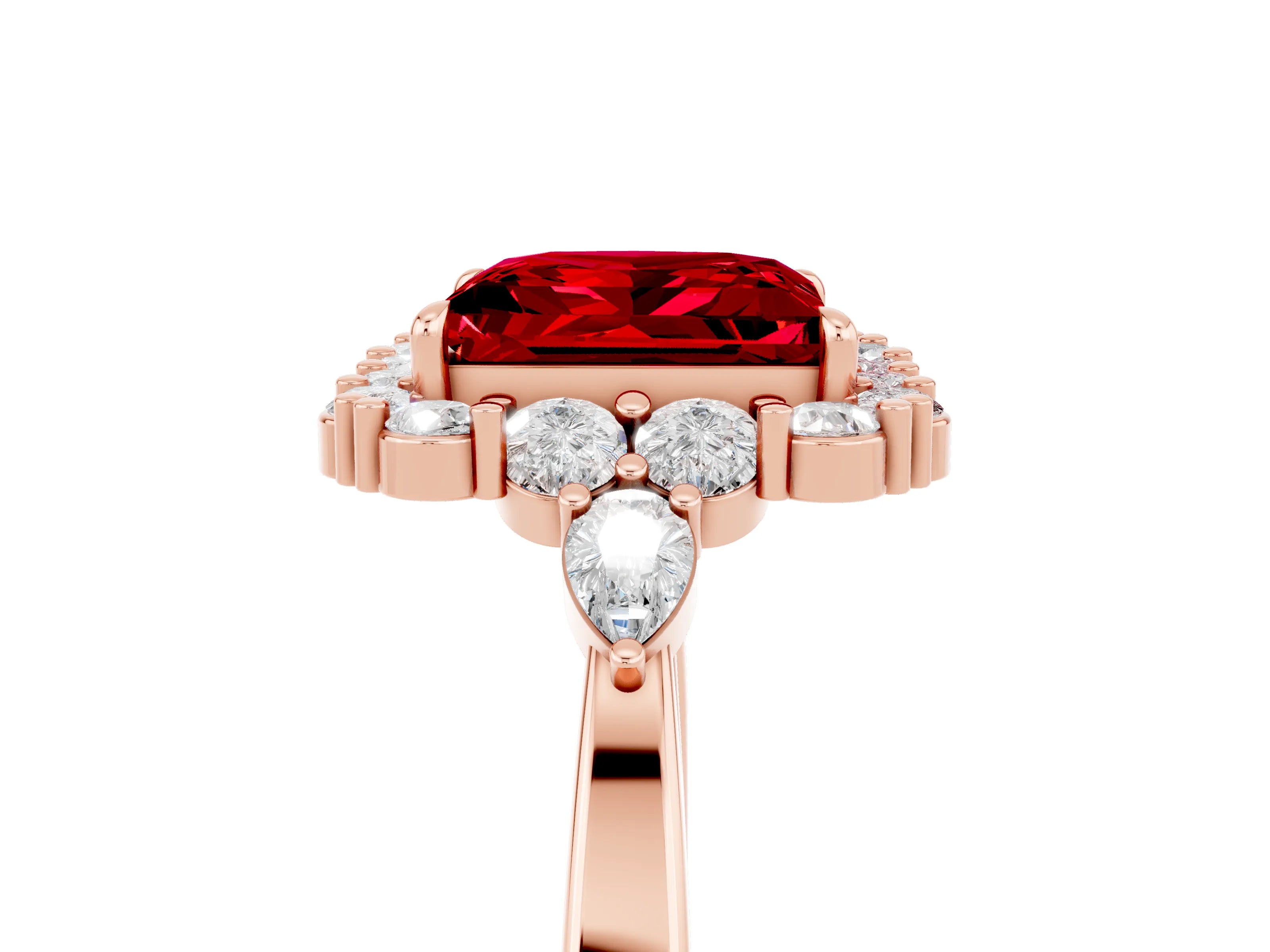 Rose gold Princess Cut Ruby Halo Ring with Pear Side Stones and Prong Setting_17
