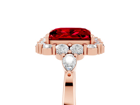 Rose gold Princess Cut Ruby Halo Ring with Pear Side Stones and Prong Setting_17
