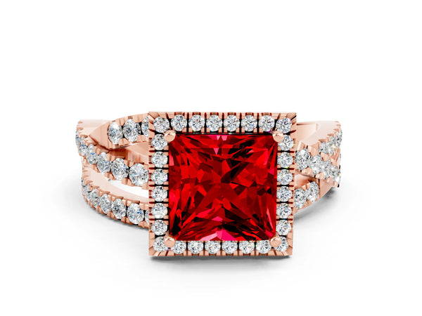 Rose gold Princess Cut Ruby Halo Ring with Round Split Shank and Prong Setting