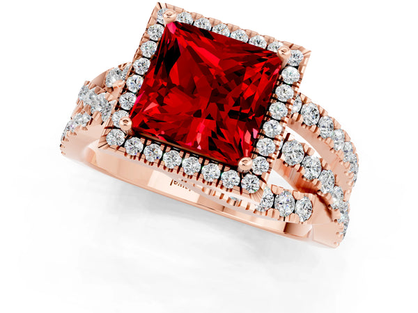 Rose gold Princess Cut Ruby Halo Ring with Round Split Shank and Prong Setting