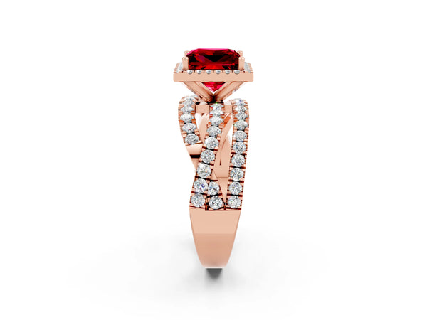 Rose gold Princess Cut Ruby Halo Ring with Round Split Shank and Prong Setting