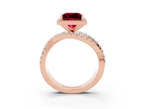 Rose gold Princess Cut Ruby Halo Ring with Round Split Shank and Prong Setting