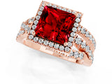 Rose gold Princess Cut Ruby Halo Ring with Round Split Shank and Prong Setting_49