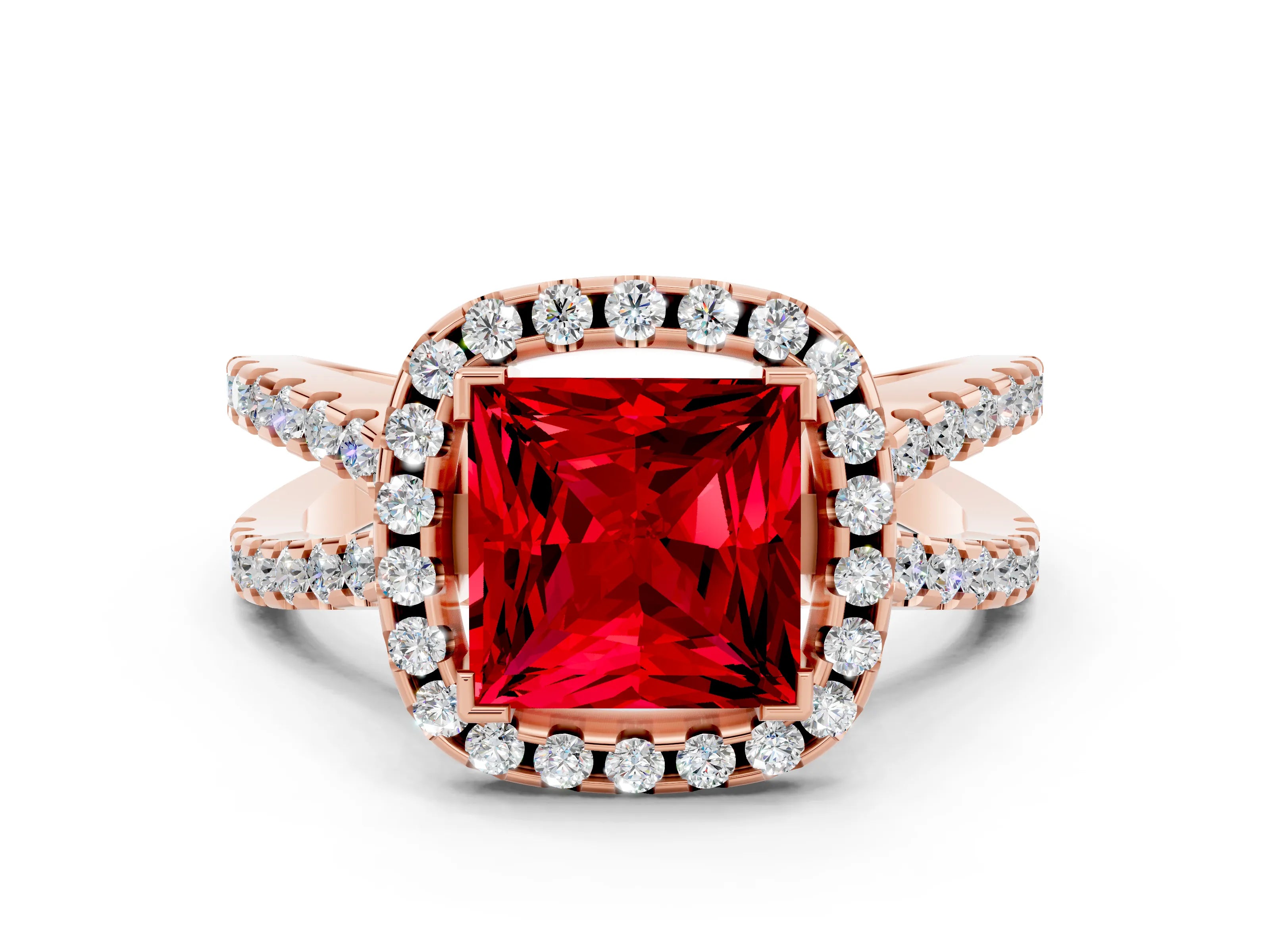 Rose gold Princess Cut Ruby Halo Ring with Split Shank Pavé Band and Prong Setting