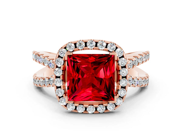 Rose gold Princess Cut Ruby Halo Ring with Split Shank Pavé Band and Prong Setting