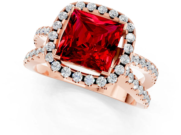 Rose gold Princess Cut Ruby Halo Ring with Split Shank Pavé Band and Prong Setting
