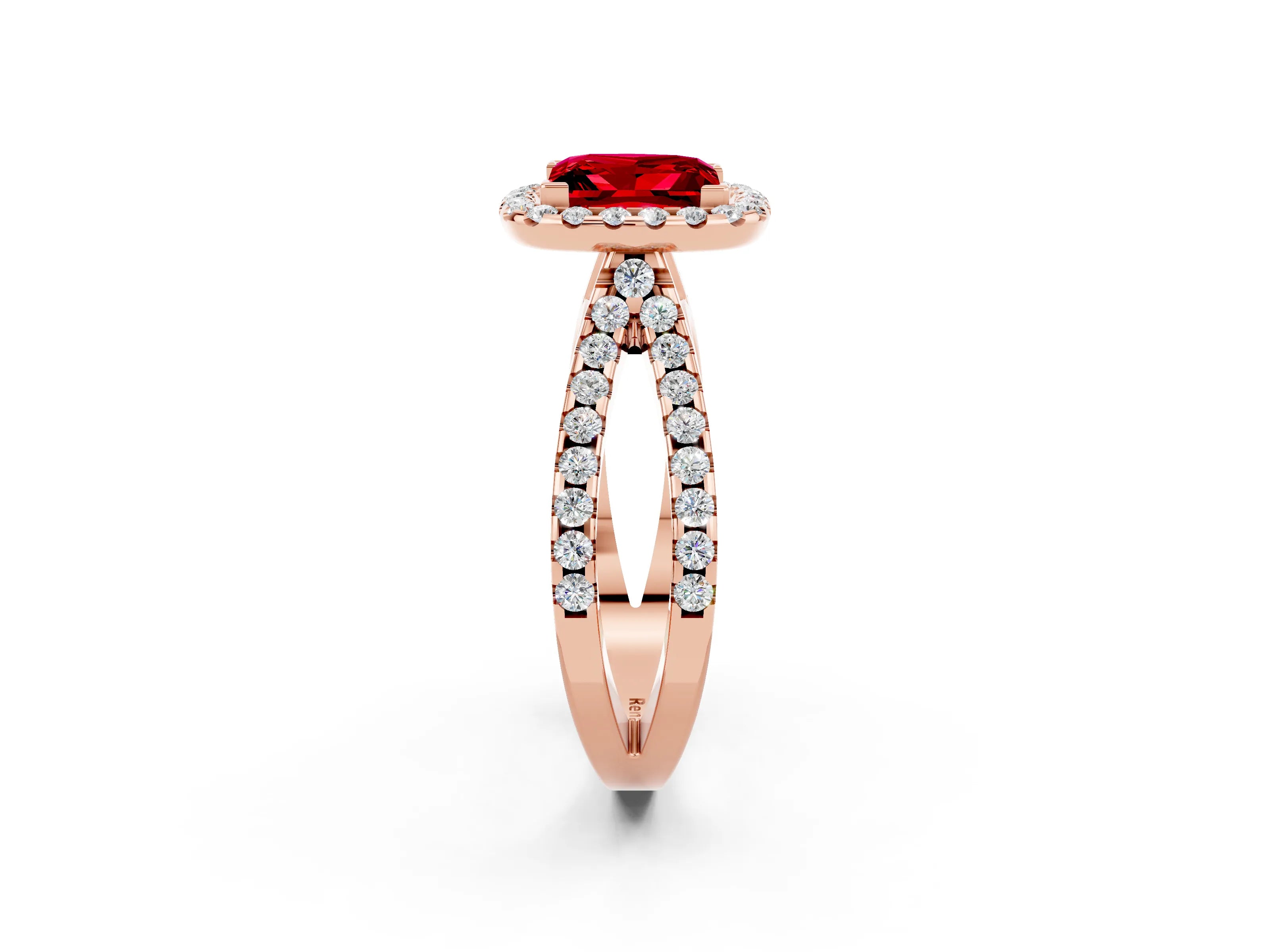 Rose gold Princess Cut Ruby Halo Ring with Split Shank Pavé Band and Prong Setting_2