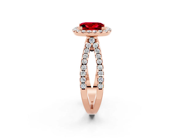 Rose gold Princess Cut Ruby Halo Ring with Split Shank Pavé Band and Prong Setting