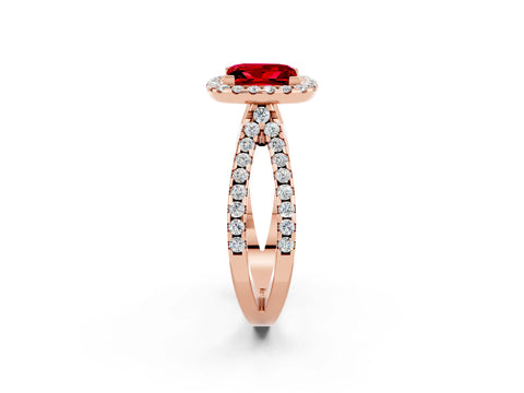 Rose gold Princess Cut Ruby Halo Ring with Split Shank Pavé Band and Prong Setting_2