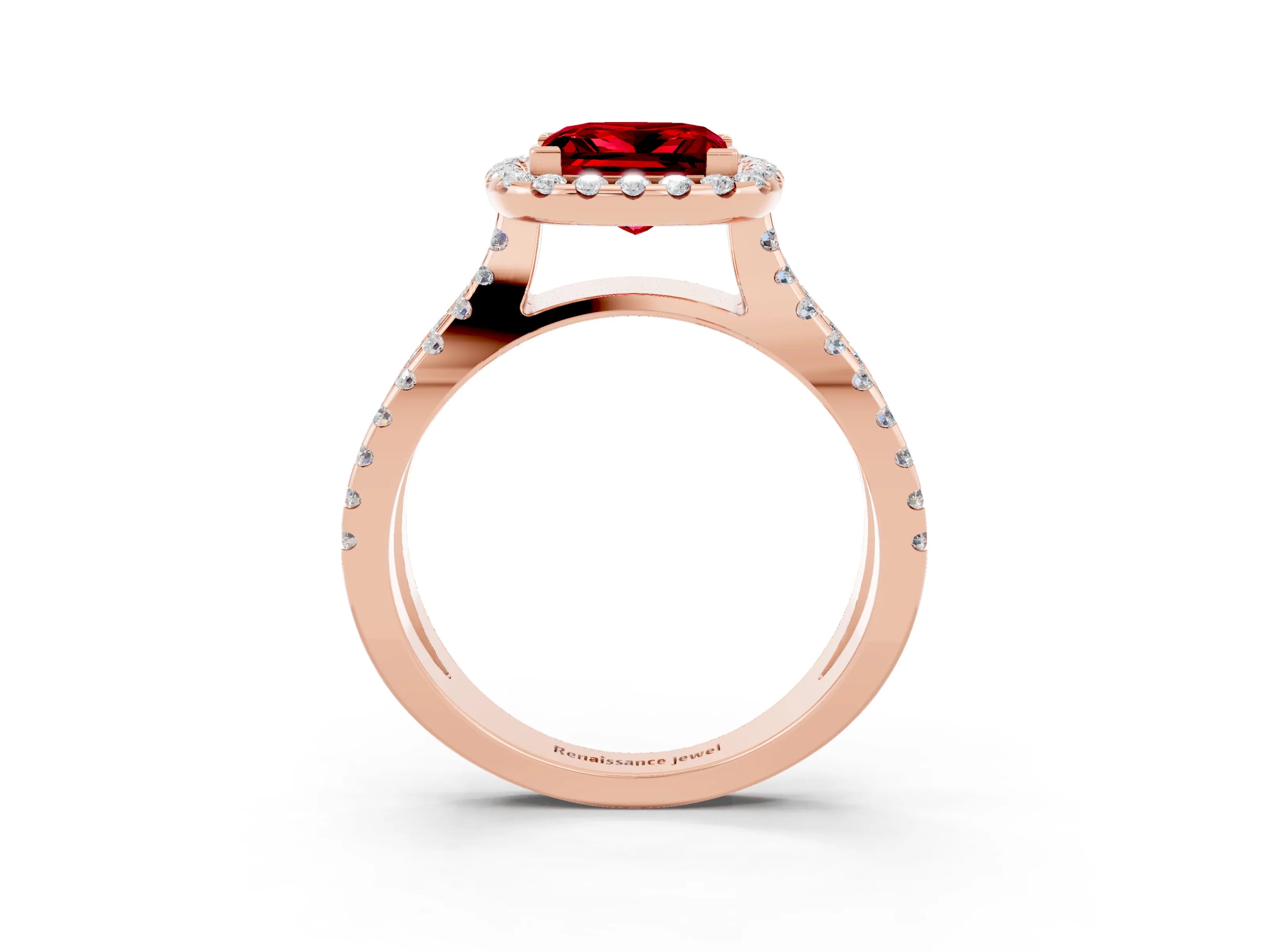 Rose gold Princess Cut Ruby Halo Ring with Split Shank Pavé Band and Prong Setting_3
