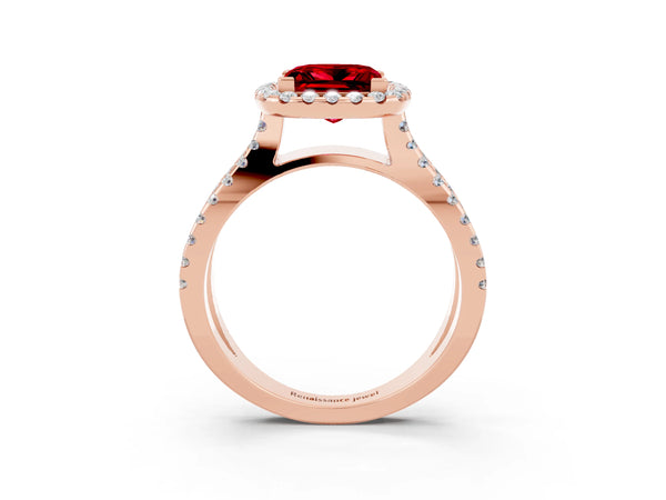 Rose gold Princess Cut Ruby Halo Ring with Split Shank Pavé Band and Prong Setting