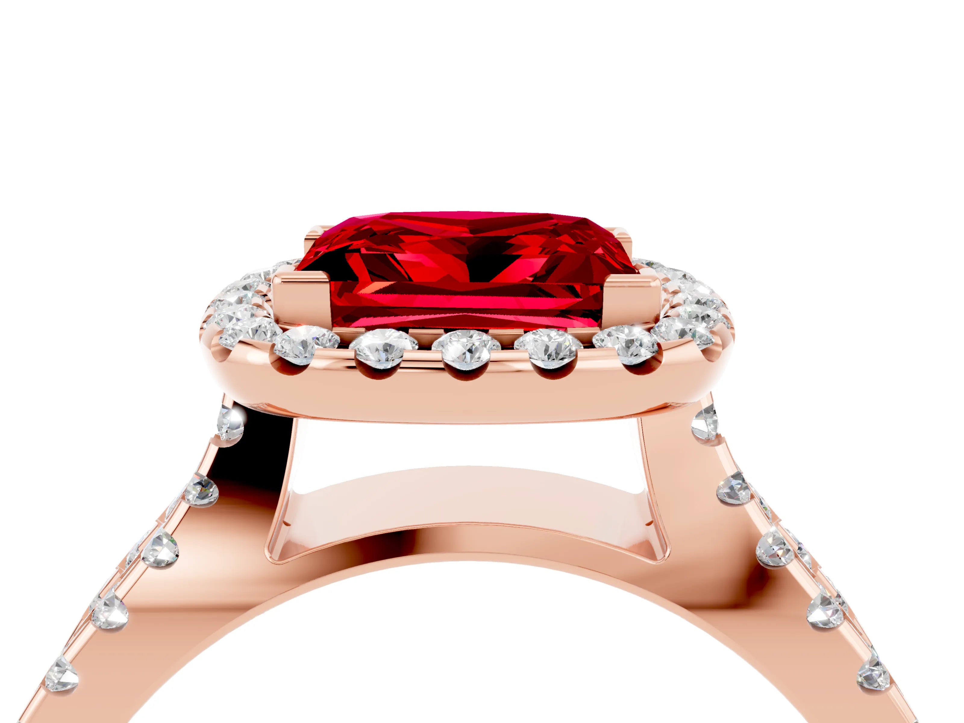 Rose gold Princess Cut Ruby Halo Ring with Split Shank Pavé Band and Prong Setting_4