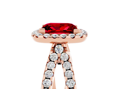 Rose gold Princess Cut Ruby Halo Ring with Split Shank Pavé Band and Prong Setting_5