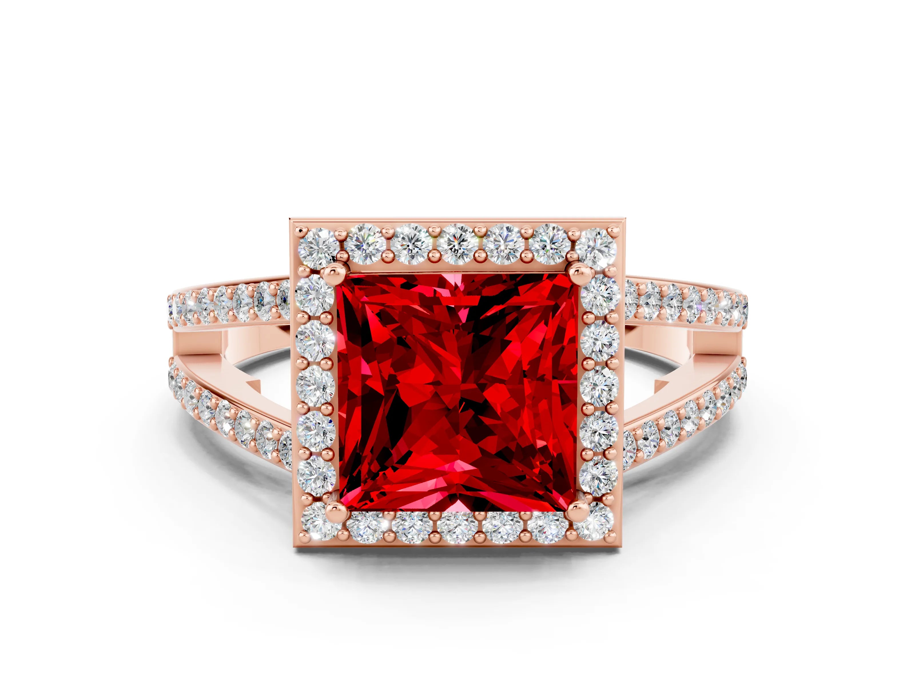 Rose gold Princess Cut Ruby Halo Ring with Split Shank U-Prong Band and Four-Prong Setting