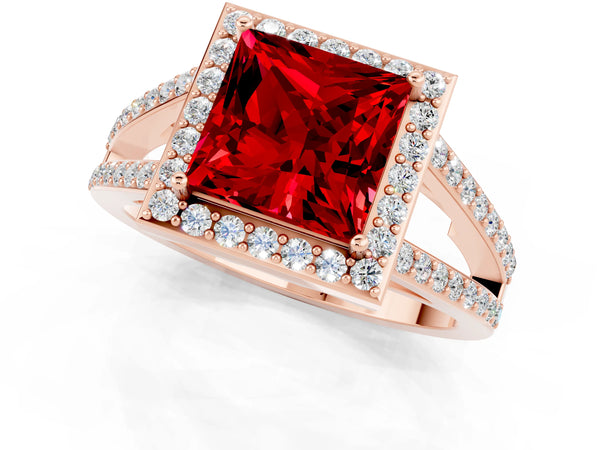 Rose gold Princess Cut Ruby Halo Ring with Split Shank U-Prong Band and Four-Prong Setting