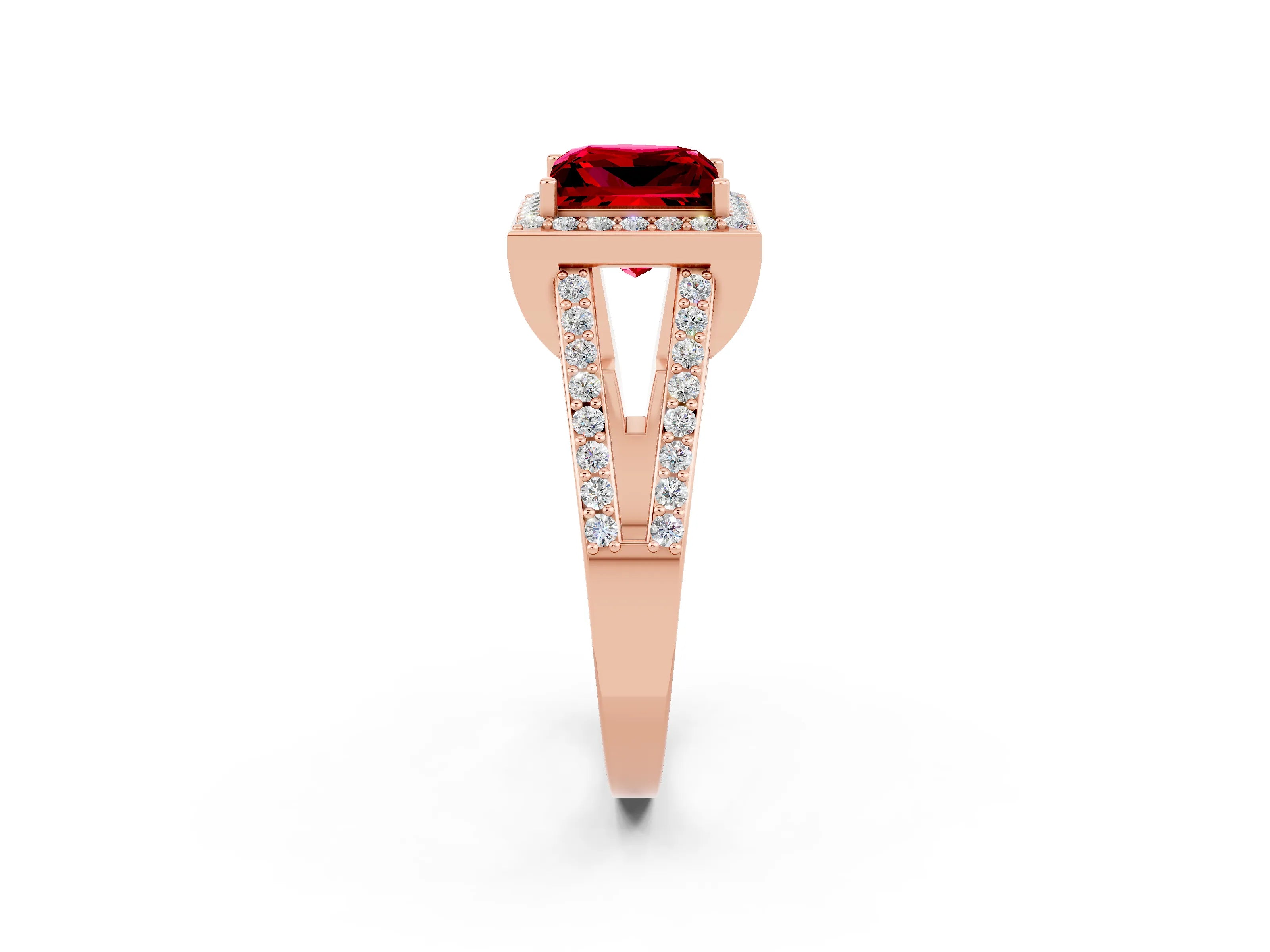 Rose gold Princess Cut Ruby Halo Ring with Split Shank U-Prong Band and Four-Prong Setting_2