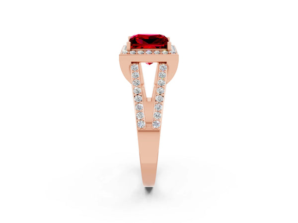 Rose gold Princess Cut Ruby Halo Ring with Split Shank U-Prong Band and Four-Prong Setting