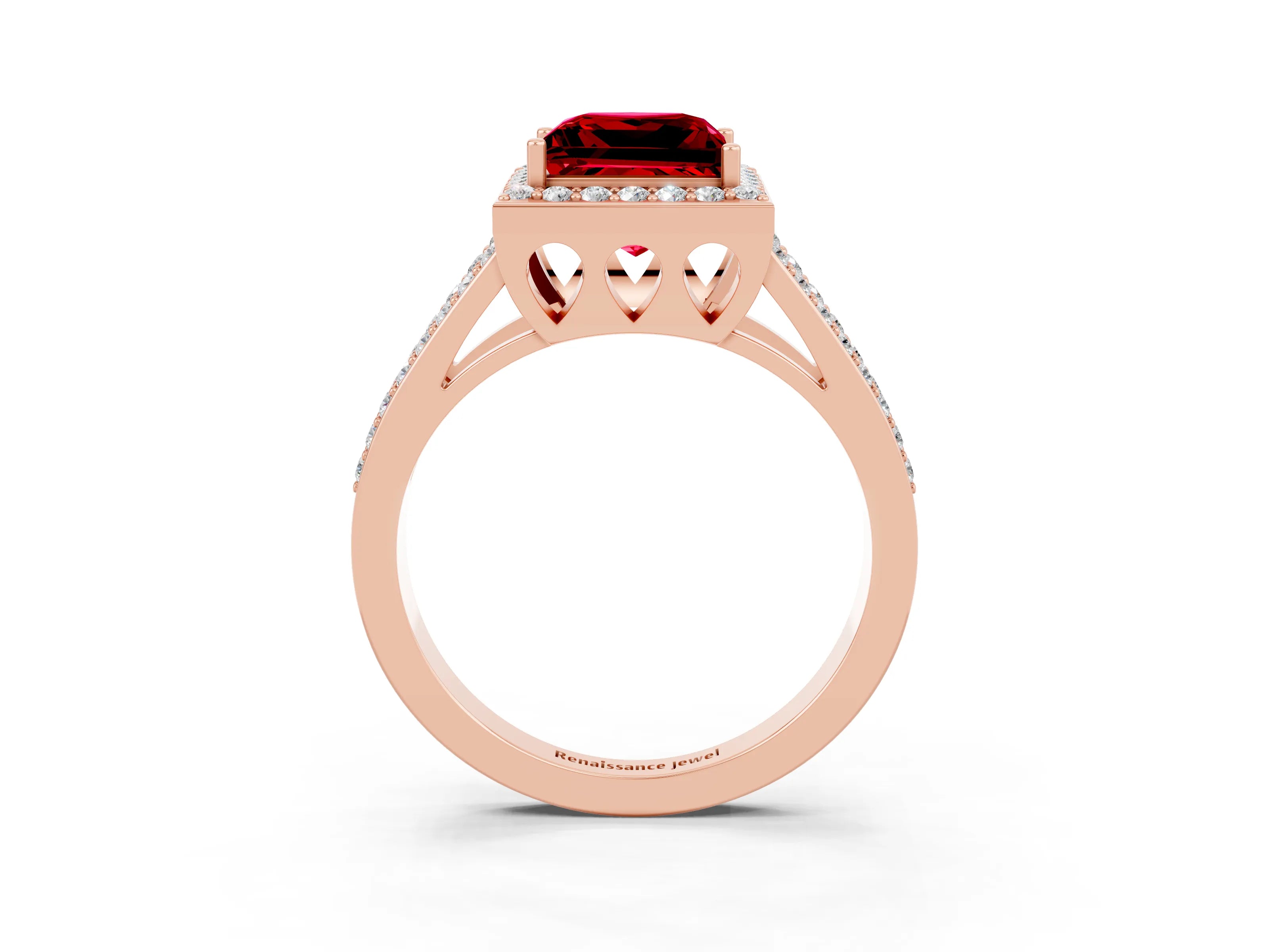 Rose gold Princess Cut Ruby Halo Ring with Split Shank U-Prong Band and Four-Prong Setting_3