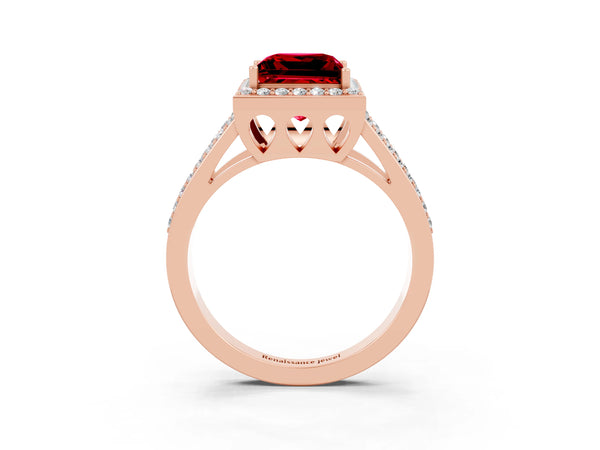 Rose gold Princess Cut Ruby Halo Ring with Split Shank U-Prong Band and Four-Prong Setting