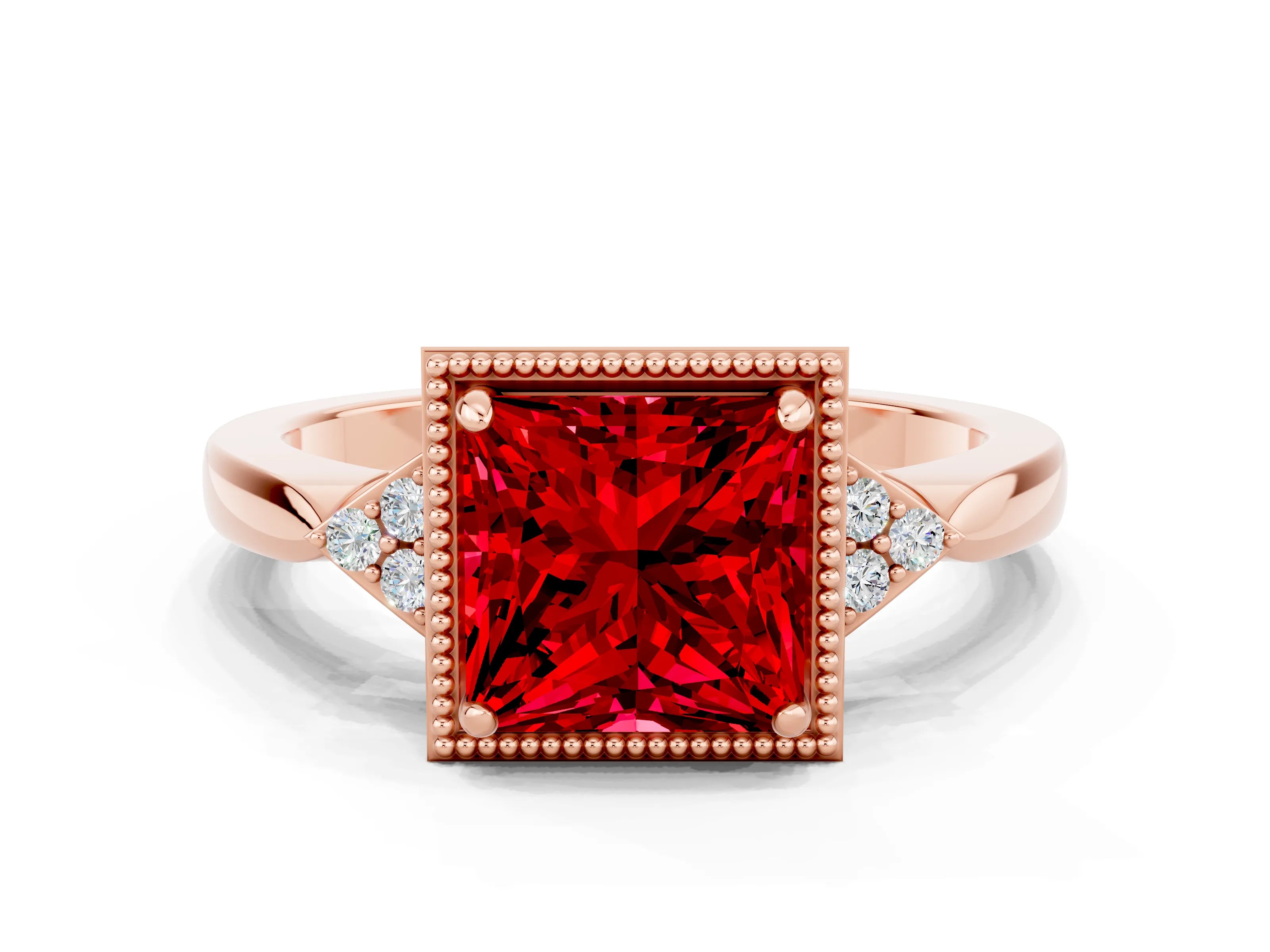 Rose gold Princess Cut Ruby Halo Ring with Tapered Band and Four-Prong Setting