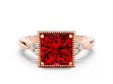 Rose gold Princess Cut Ruby Halo Ring with Tapered Band and Four-Prong Setting