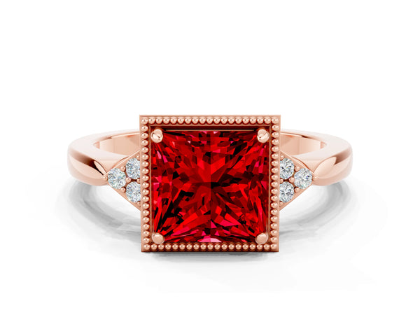 Rose gold Princess Cut Ruby Halo Ring with Tapered Band and Four-Prong Setting