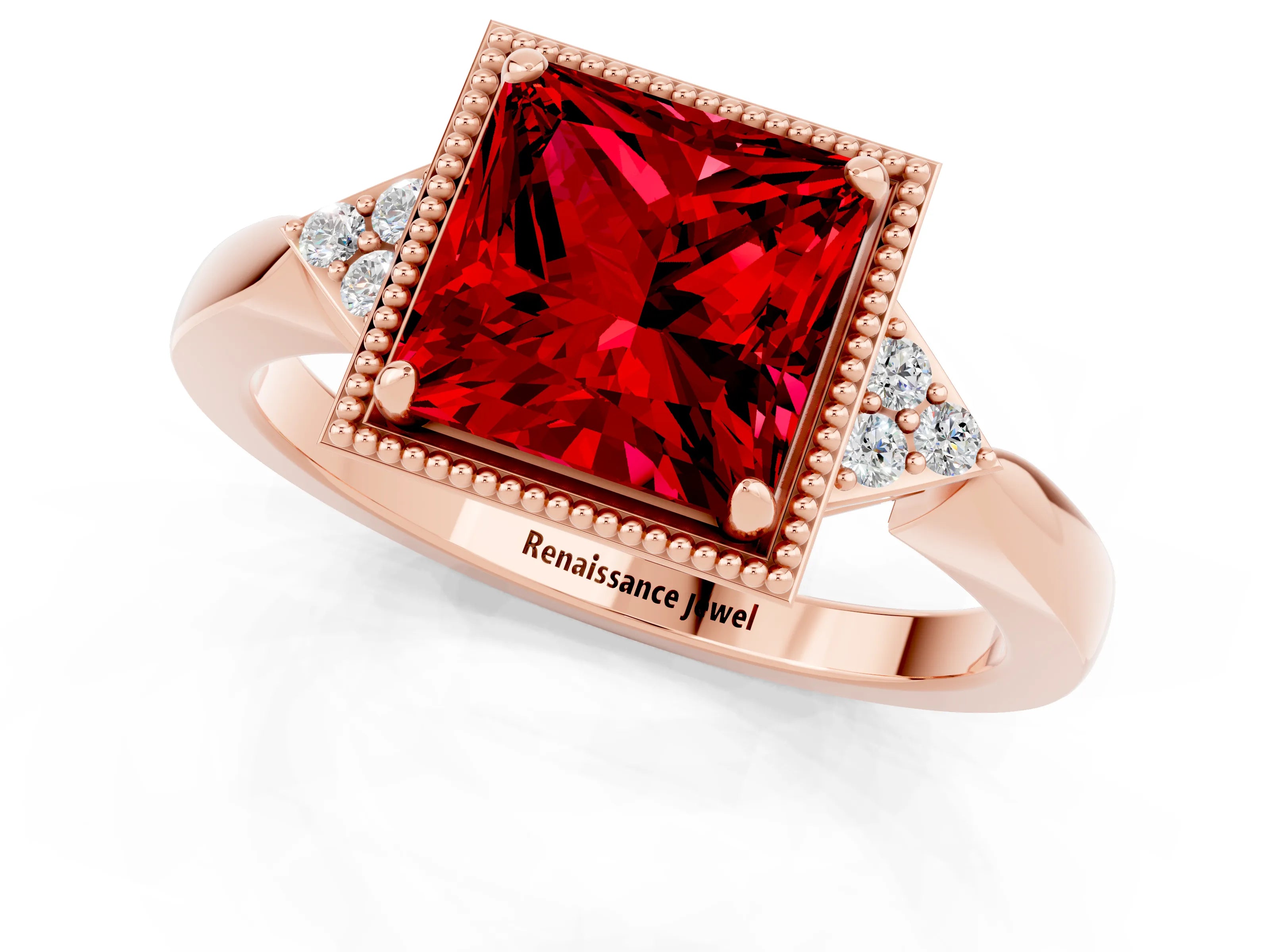 Rose gold Princess Cut Ruby Halo Ring with Tapered Band and Four-Prong Setting_1