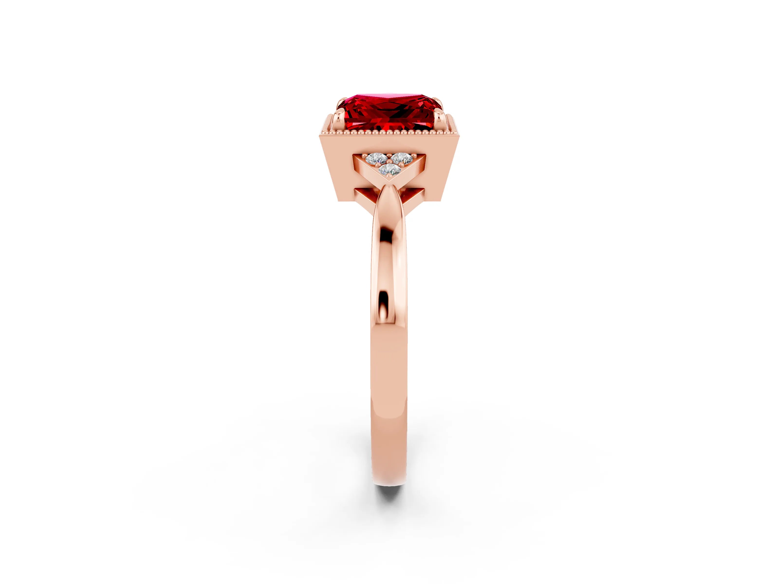Rose gold Princess Cut Ruby Halo Ring with Tapered Band and Four-Prong Setting_2