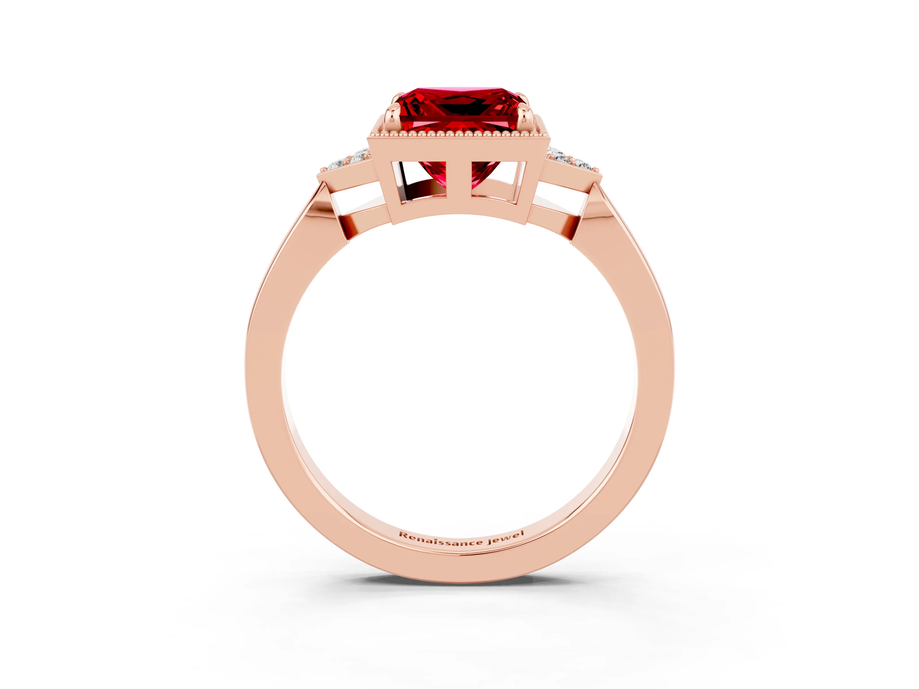 Rose gold Princess Cut Ruby Halo Ring with Tapered Band and Four-Prong Setting_3
