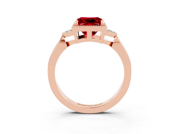 Rose gold Princess Cut Ruby Halo Ring with Tapered Band and Four-Prong Setting