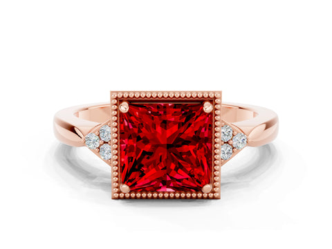 Rose gold Princess Cut Ruby Halo Ring with Tapered Band and Four-Prong Setting