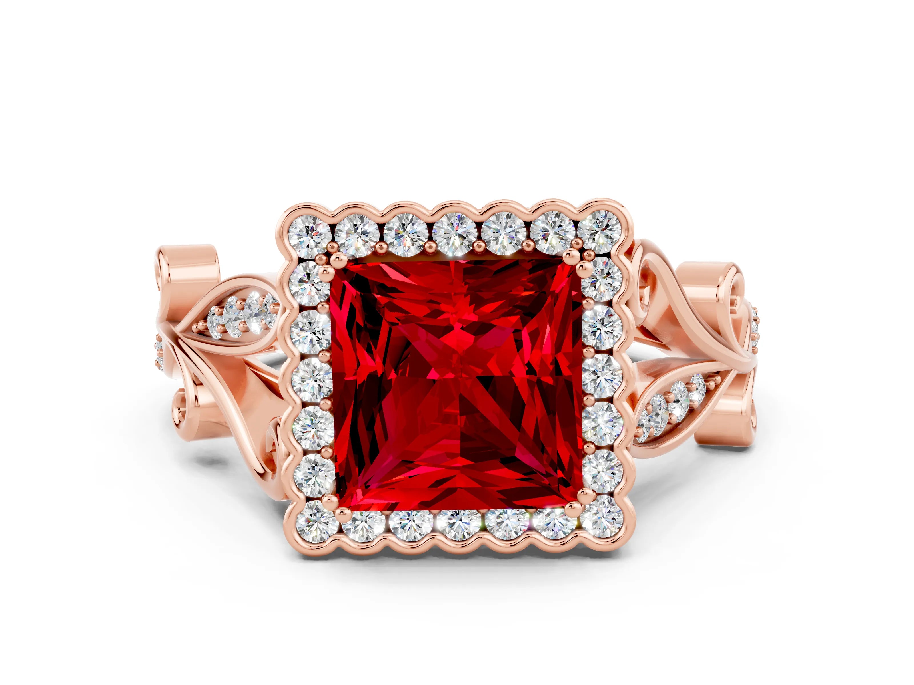 Rose gold Princess Cut Ruby Halo Ring with Vintage Split Shank and Four-Prong Setting
