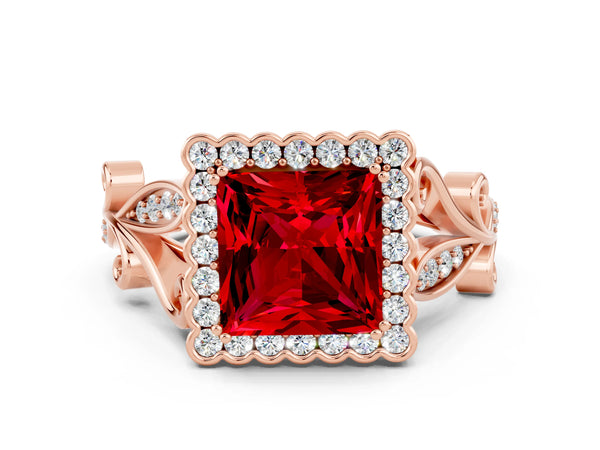 Rose gold Princess Cut Ruby Halo Ring with Vintage Split Shank and Four-Prong Setting