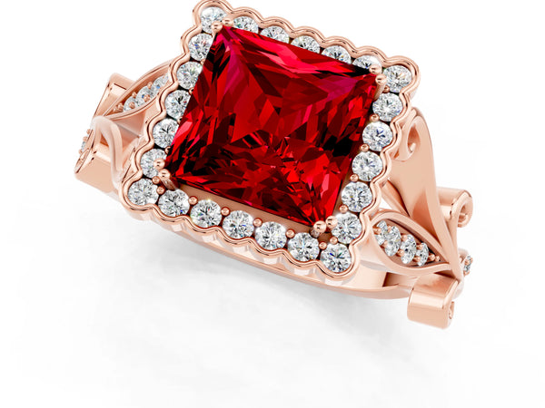 Rose gold Princess Cut Ruby Halo Ring with Vintage Split Shank and Four-Prong Setting