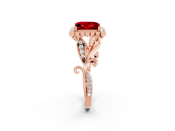 Rose gold Princess Cut Ruby Halo Ring with Vintage Split Shank and Four-Prong Setting