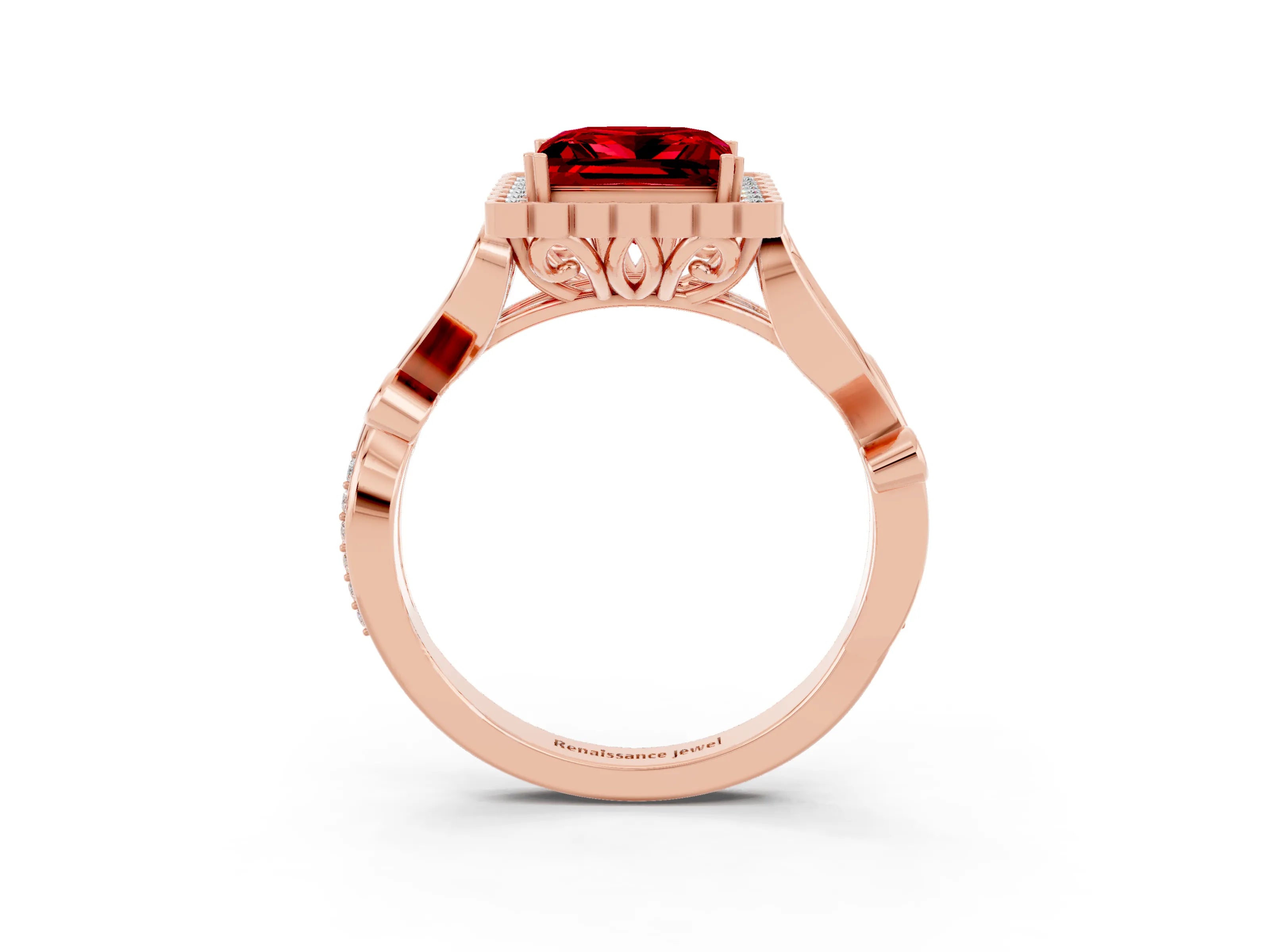 Rose gold Princess Cut Ruby Halo Ring with Vintage Split Shank and Four-Prong Setting_3