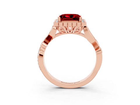 Rose gold Princess Cut Ruby Halo Ring with Vintage Split Shank and Four-Prong Setting_3