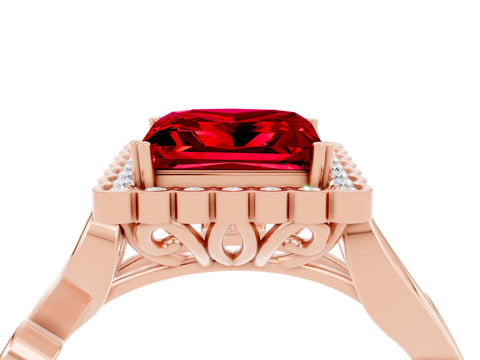 Rose gold Princess Cut Ruby Halo Ring with Vintage Split Shank and Four-Prong Setting_4