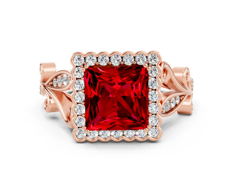 Rose gold Princess Cut Ruby Halo Ring with Vintage Split Shank and Four-Prong Setting