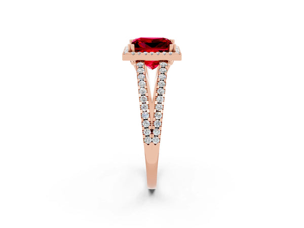 Rose gold Princess Cut Ruby Halo Split Shank Engagement Ring