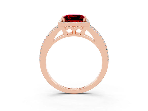 Rose gold Princess Cut Ruby Halo Split Shank Engagement Ring
