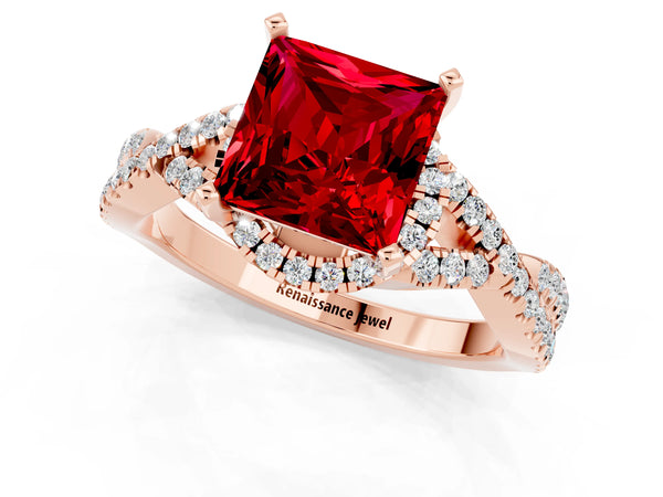 Rose gold Princess Cut Ruby  Halo Twist Band Solitaire Prong Setting Ring