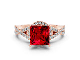 Rose gold Princess Cut Ruby  Halo Twist Band Solitaire Prong Setting Ring_24