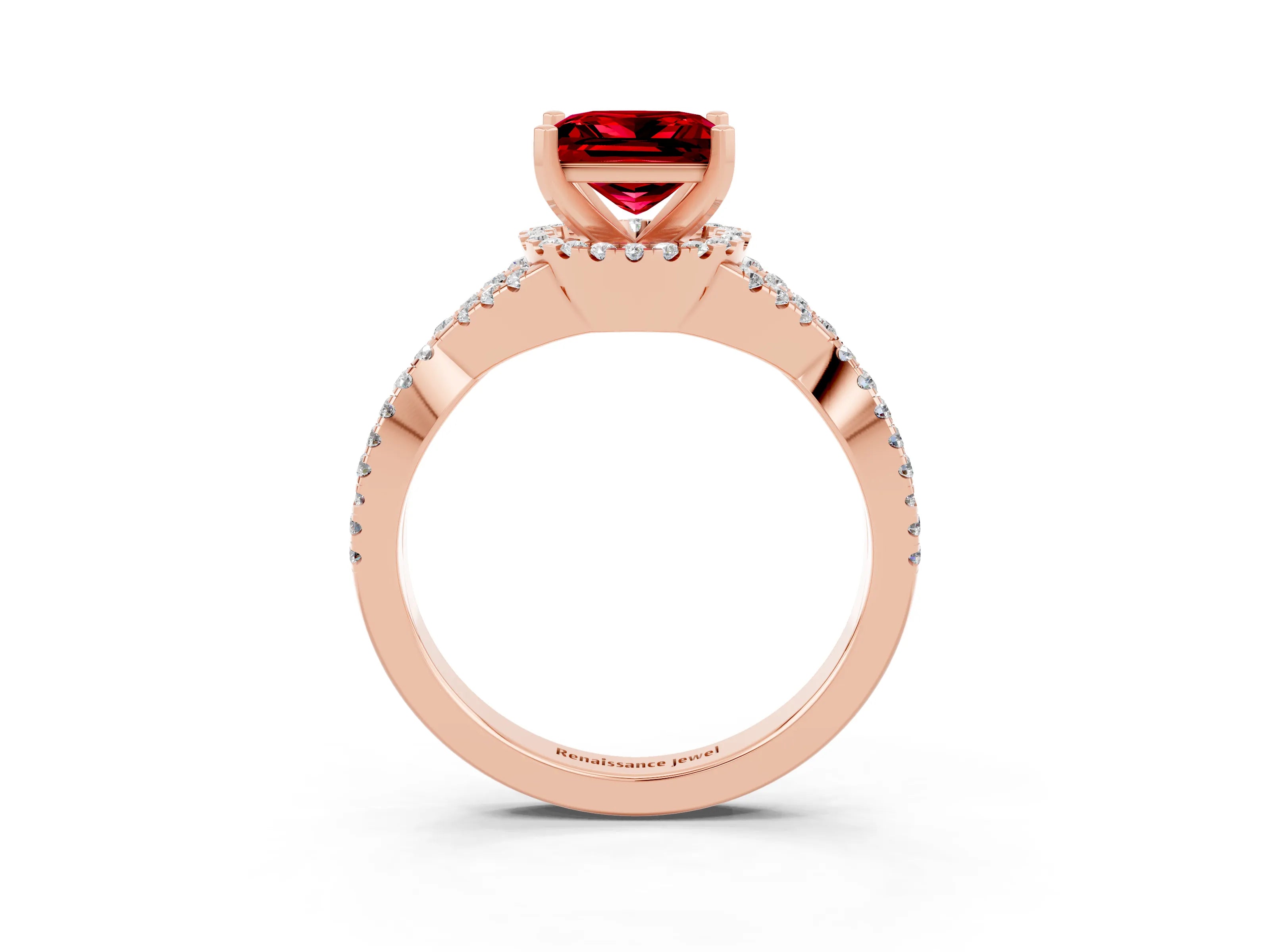 Rose gold Princess Cut Ruby Halo Twist Band Solitaire Prong Setting Ring_3