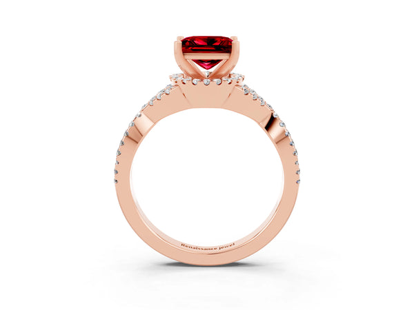 Rose gold Princess Cut Ruby  Halo Twist Band Solitaire Prong Setting Ring