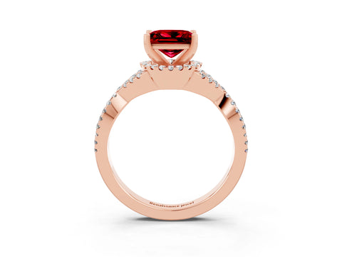 Rose gold Princess Cut Ruby Halo Twist Band Solitaire Prong Setting Ring_3