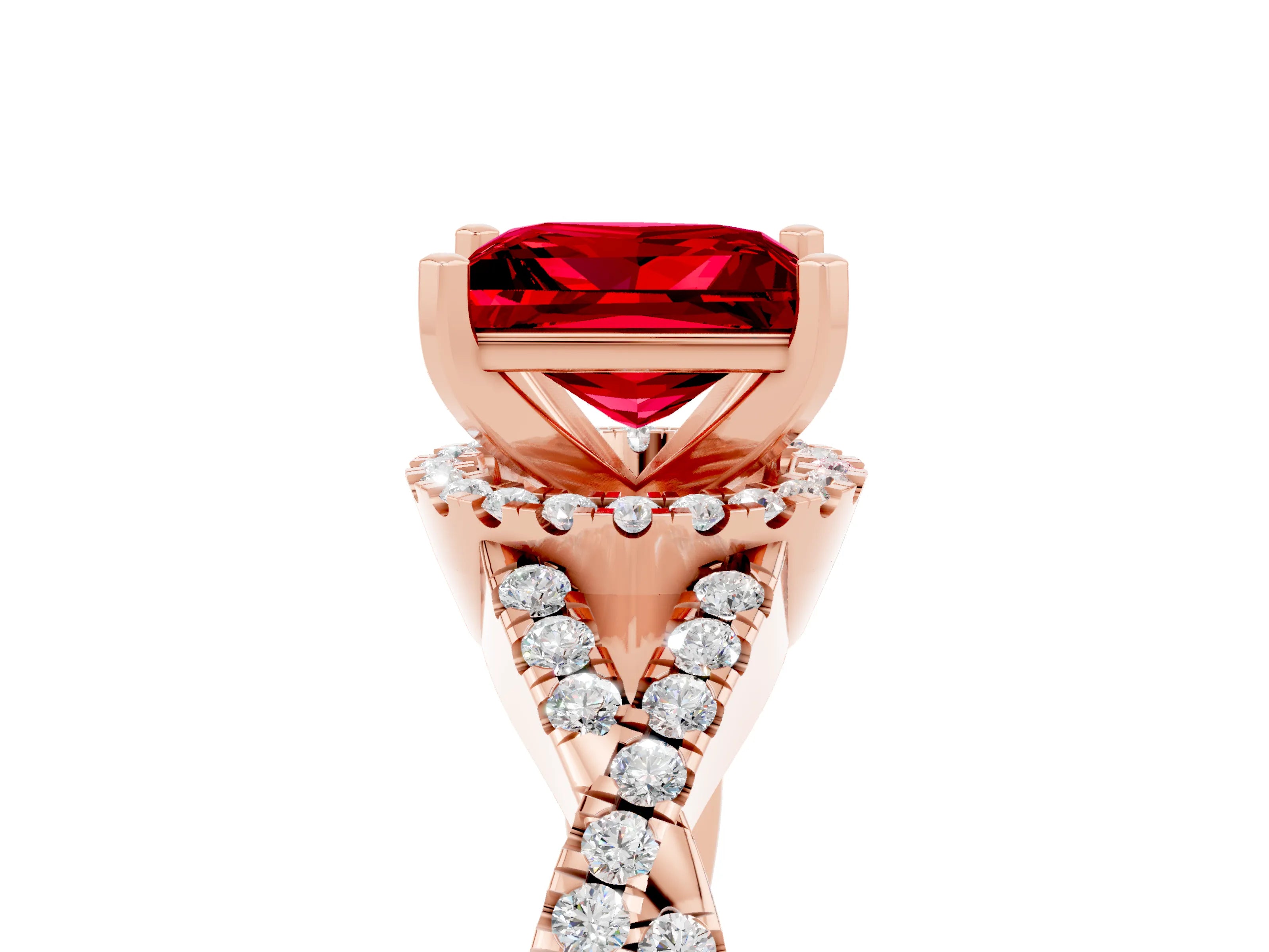 Rose gold Princess Cut Ruby Halo Twist Band Solitaire Prong Setting Ring_5