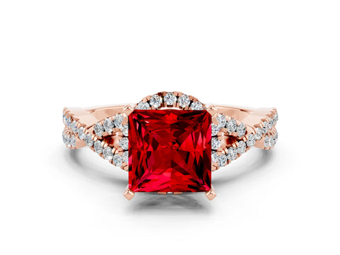 Rose gold Princess Cut Ruby Halo Twist Band Solitaire Prong Setting Ring
